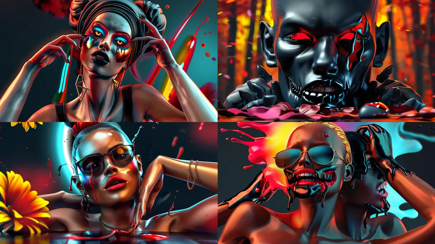 Ethereal Cyberpunk Dreamscape: A Vivid Synthesis of Chromatic Contrasts and Surrealism - Midjourney sref style