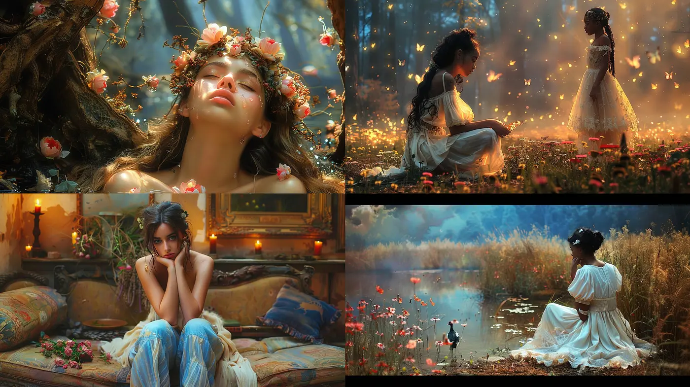 Enigmatic Elegance of Twilight Hues: A Meld of Dreamy Pastels and Vibrant Blooms - Midjourney sref style