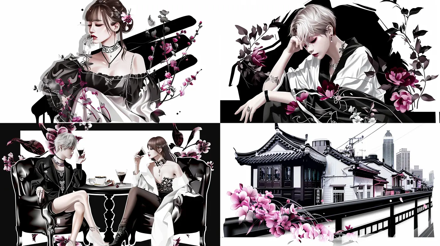 Monochromatic Elegance with a Touch of Floral Fantasy - Midjourney sref style