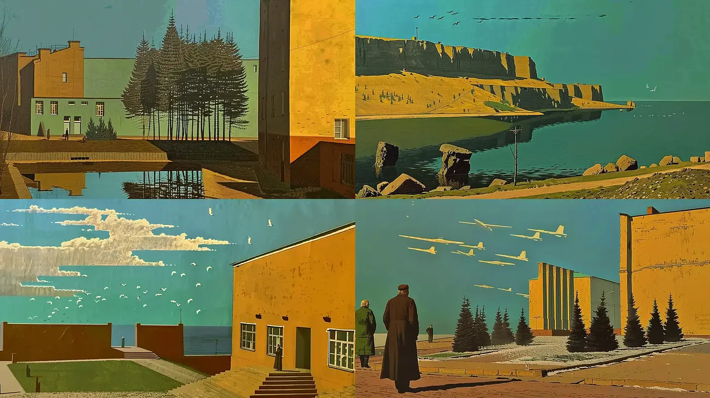 Retrofuturistic Serenity in Stylized Geometric Landscapes - Midjourney sref style
