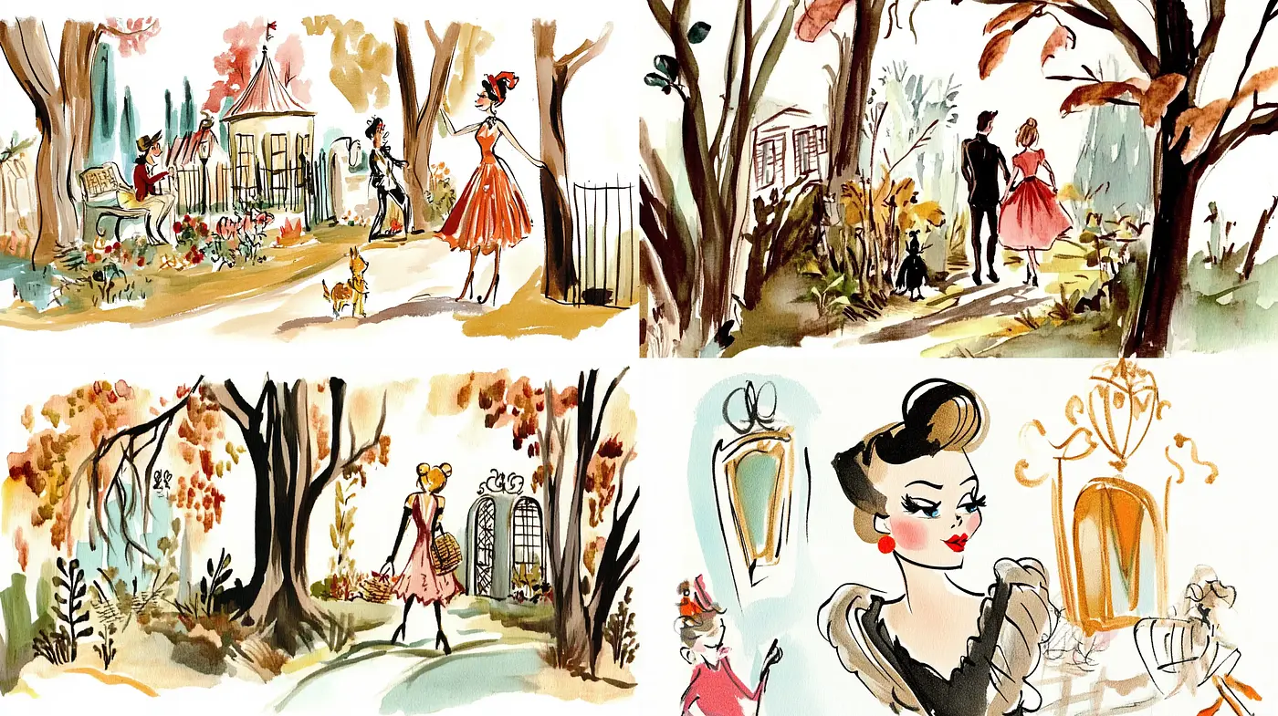 Idyllic Illustrative Elegance: A Homage to Mid-20th Century Watercolor and Ink Storybook Artistry - Midjourney sref style