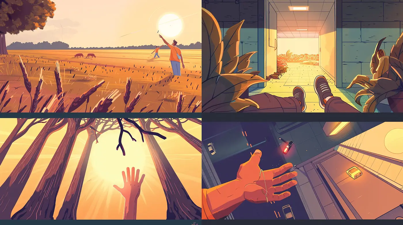 Sunset Hues and Stylized Reality: A Cohesive Fusion of Warm Tones and Illustrated Reality - Midjourney sref style