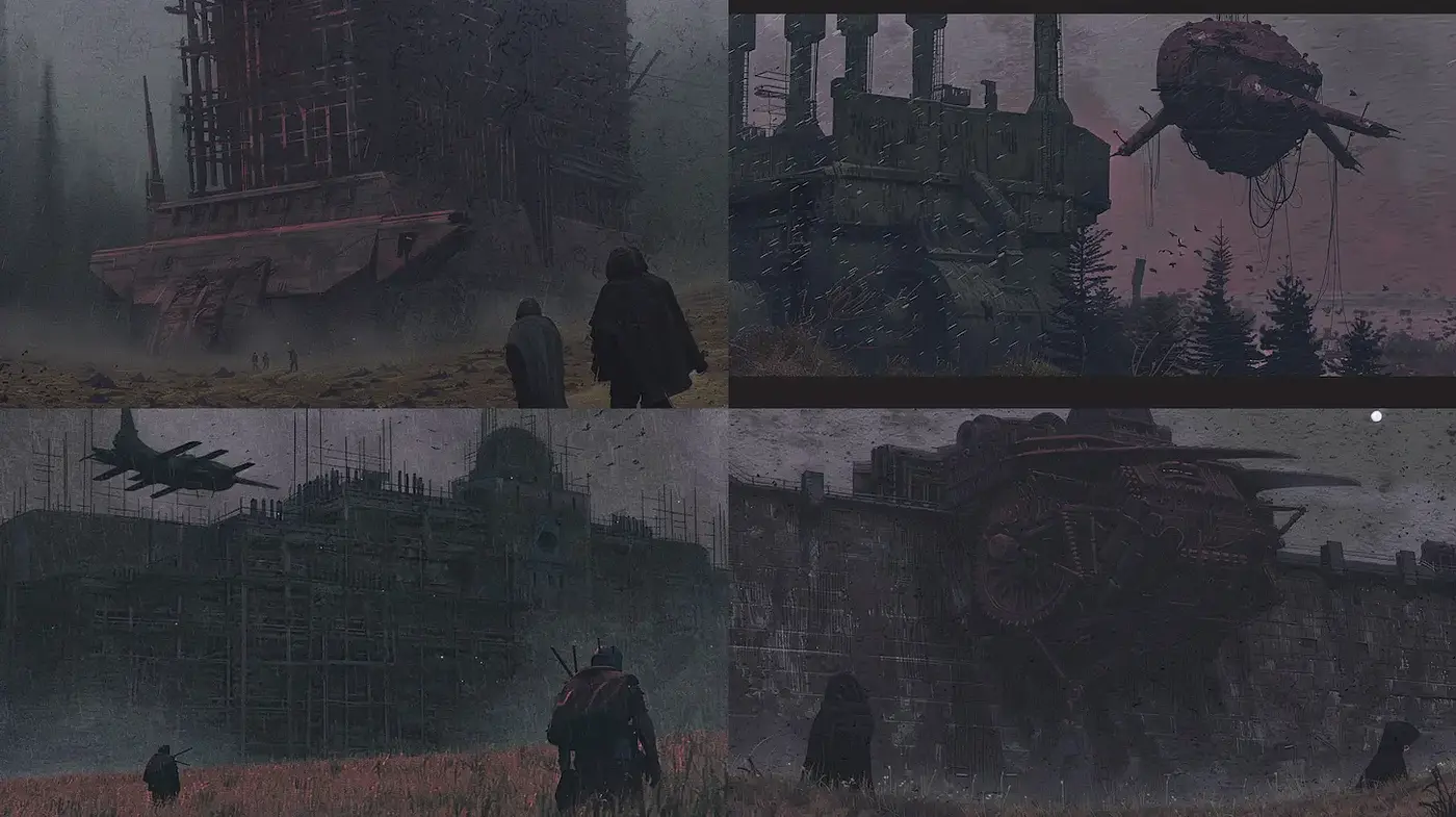 Mysterious and Atmospheric Industrial Landscapes with Surreal Elements - Midjourney sref style