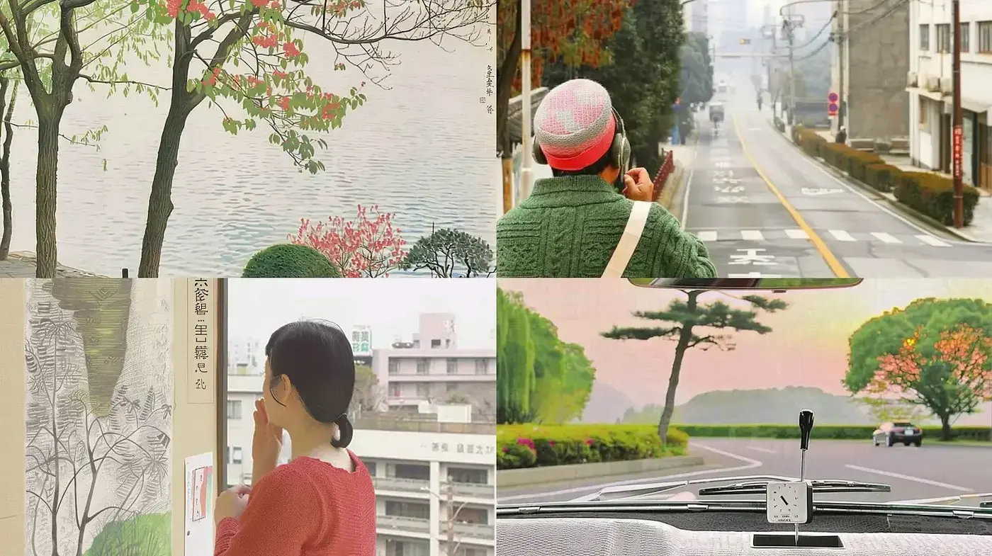 Serene and nostalgic artistic representation with a harmonious blend of natural elements - Midjourney sref style