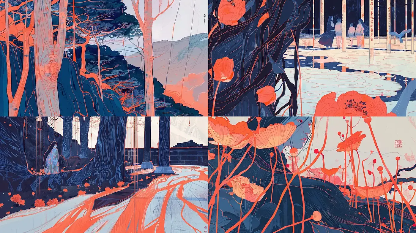 Stylized botanical landscapes with a harmonious blend of nature and abstraction - Midjourney sref style