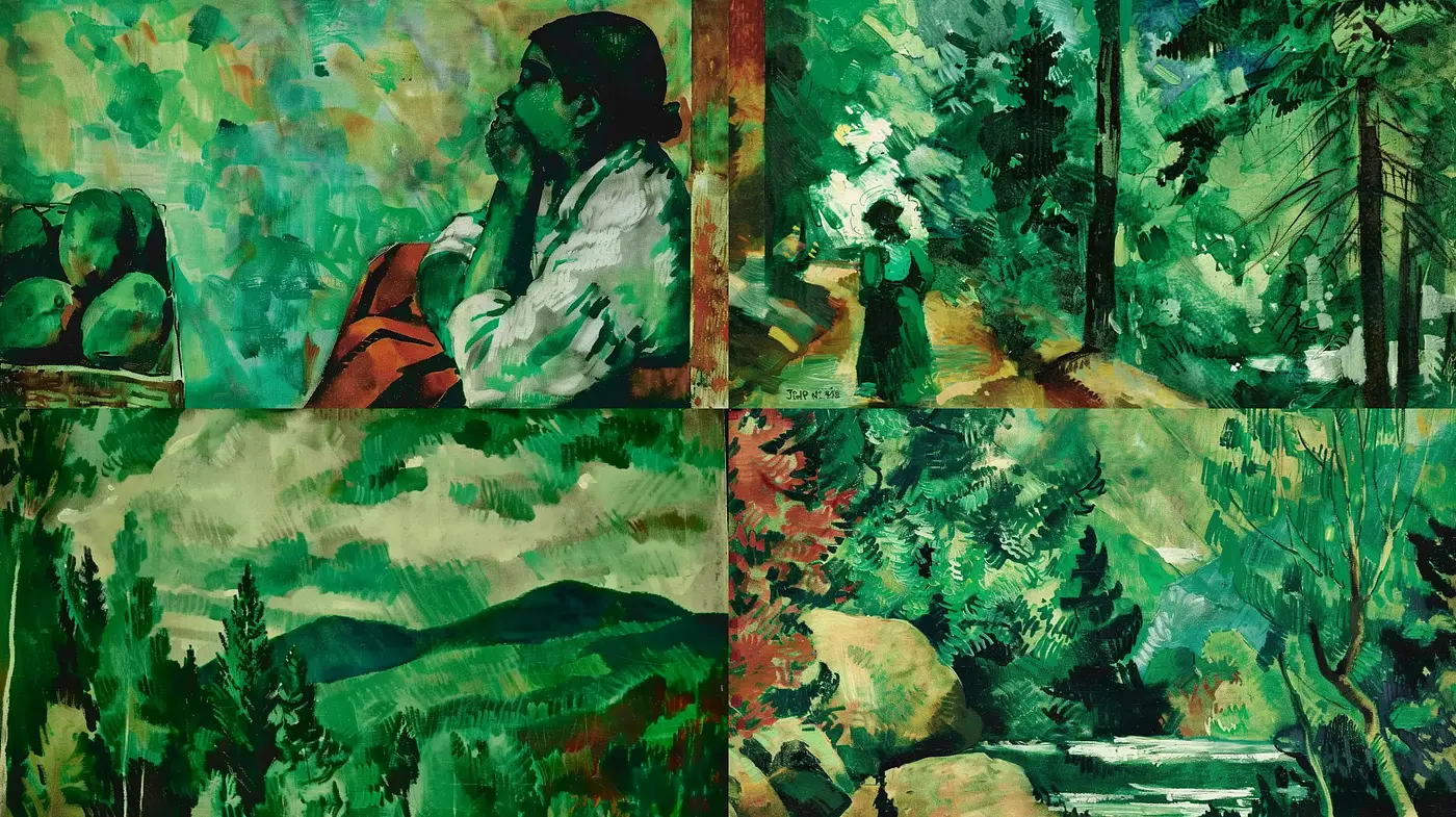 Emerald Hues of Expressive Contemplation and Nature - Midjourney sref style