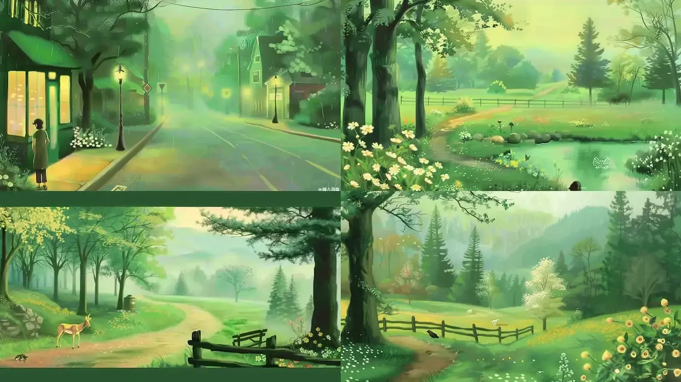 Serene landscapes with a dreamy and whimsical aesthetic - Midjourney sref style