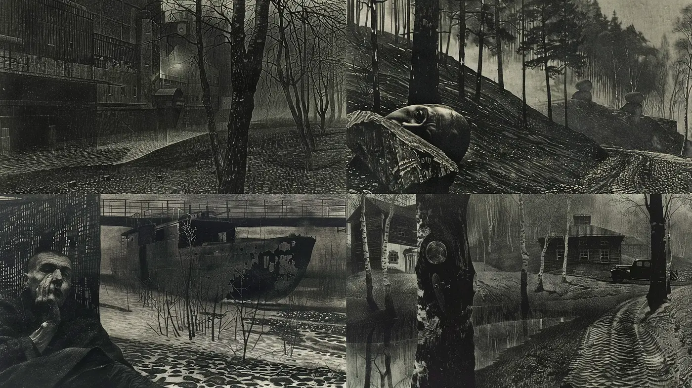 Monochromatic Dreamscape of Surrealistic Tones - Midjourney sref style