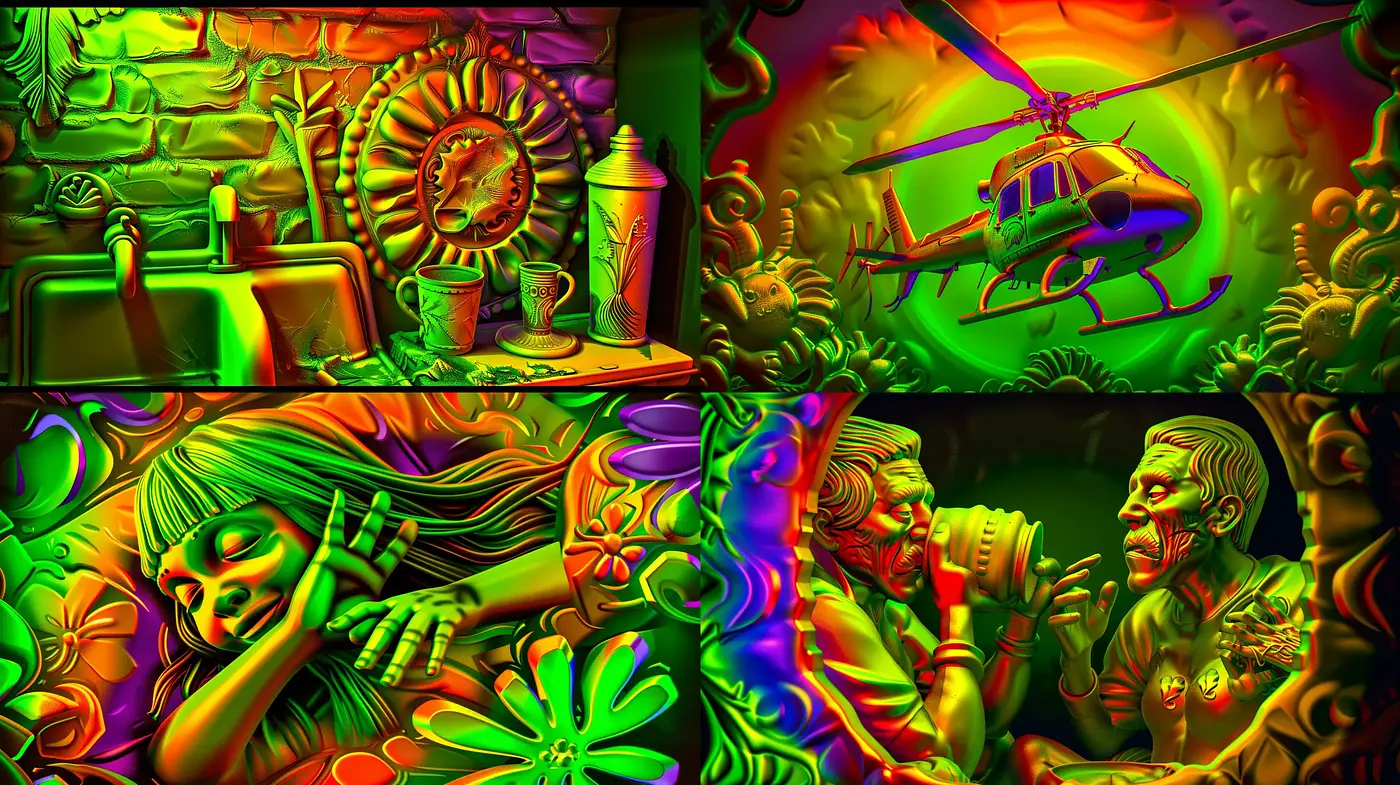 Kaleidoscopic Phantasmagoria: An Odyssey of Vivid Psychedelia and Surreal Forms - Midjourney sref style