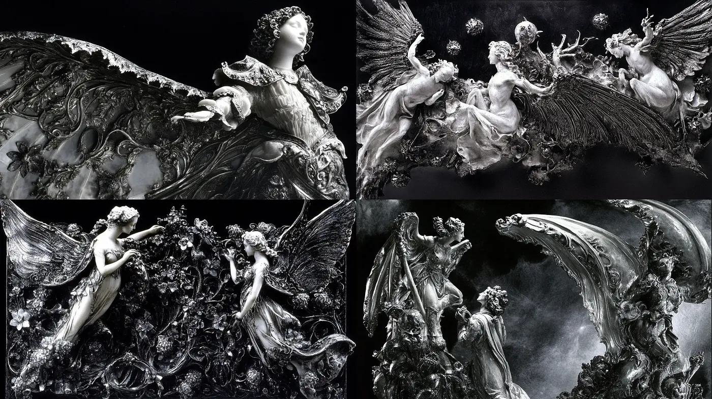 Monochromatic Ethereal Dreamscapes with Baroque Overtones - Midjourney sref style