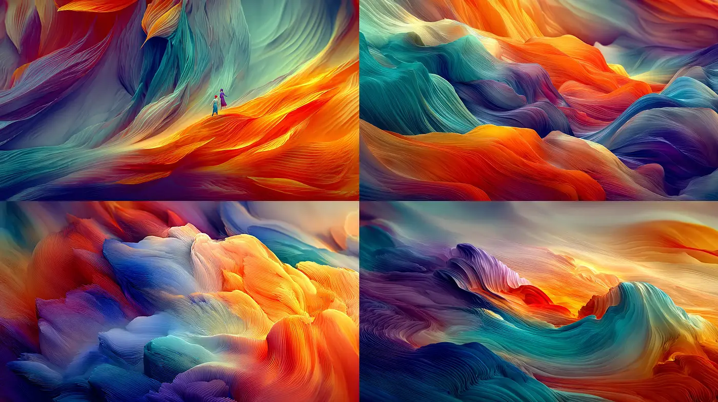 Vibrant Abstract Landscapes with Fluid Textures and Surreal Elements - Midjourney sref style