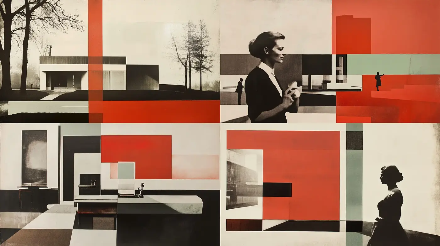 Monochromatic Nostalgia With Modernist Red Accentuation - Midjourney sref style