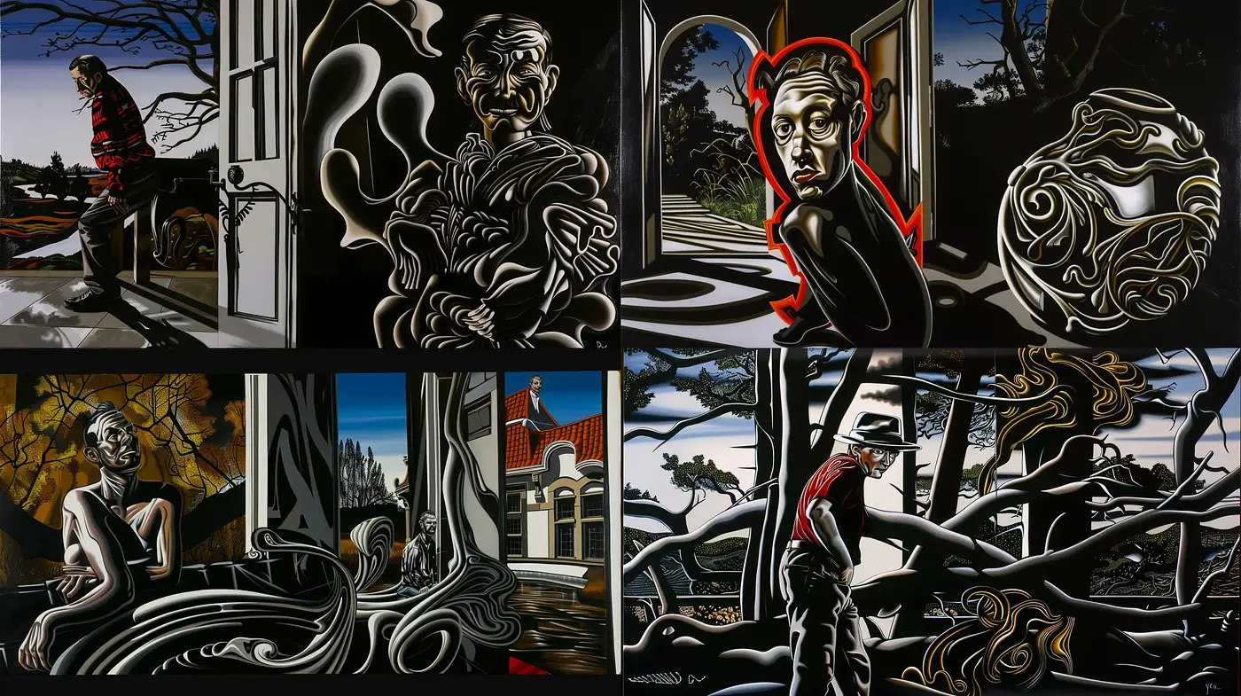 Surrealist Nightfall: Shadows and Contours in Moonlit Hues - Midjourney sref style