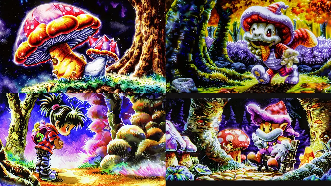 Vibrant, whimsical fantasy landscape with playful characters and surreal elements - Midjourney sref style