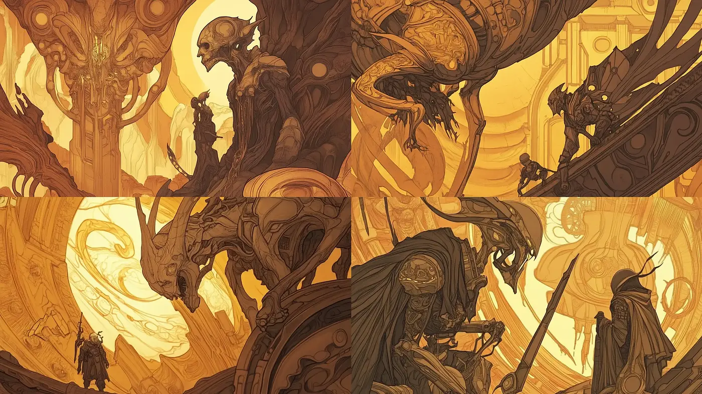 Ethereal sepia-toned fantasy landscapes inspired by Art Nouveau - Midjourney sref style
