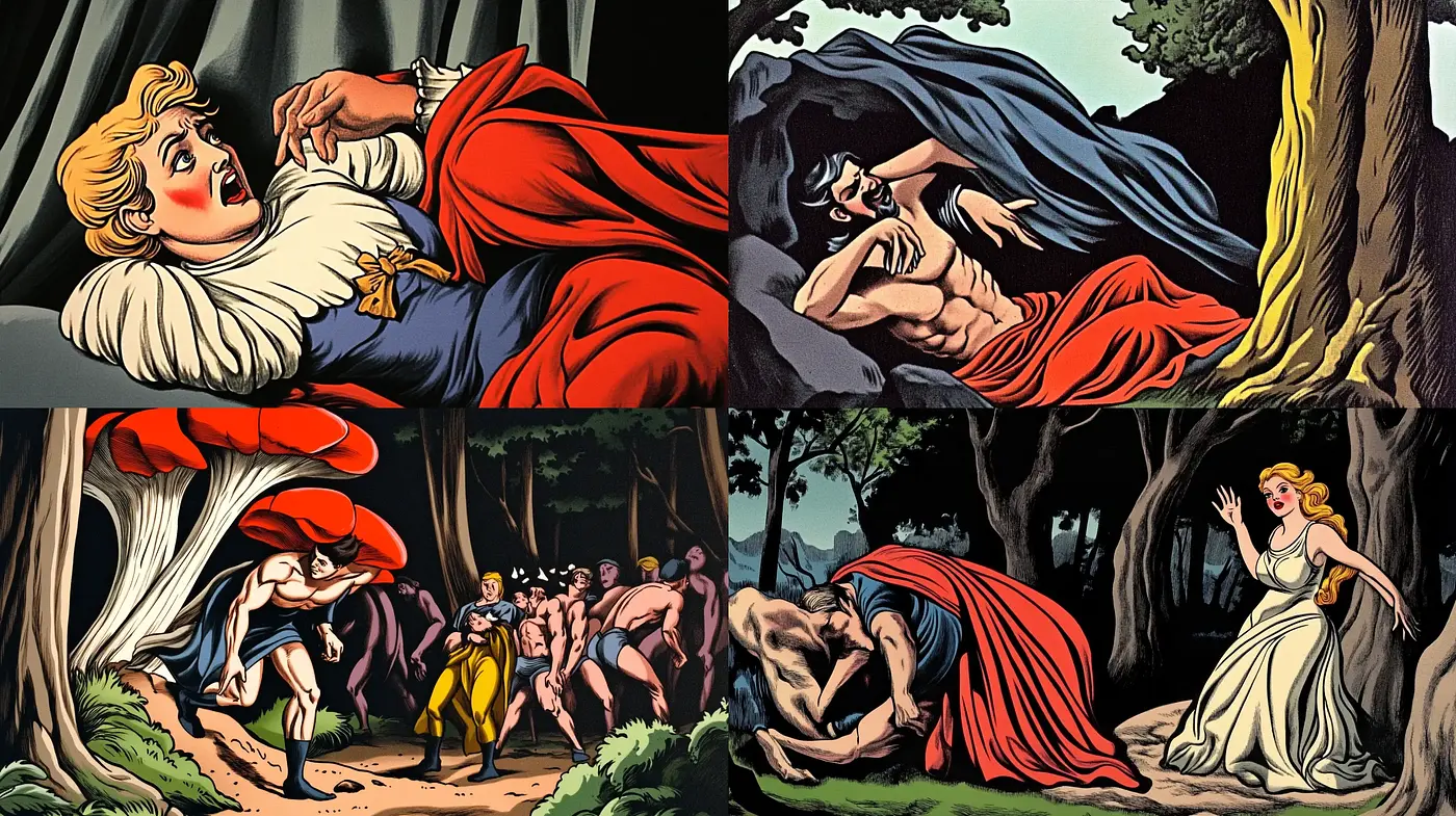 Golden Age Comic Book Drama Encompassing High Contrast and Dynamic Poses - Midjourney sref style