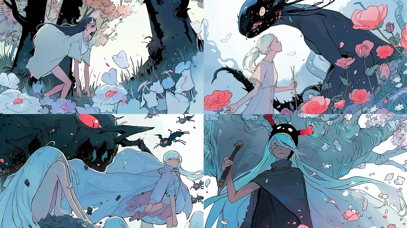 Dreamy, ethereal fantasy illustrations with a hint of darkness - Midjourney sref style