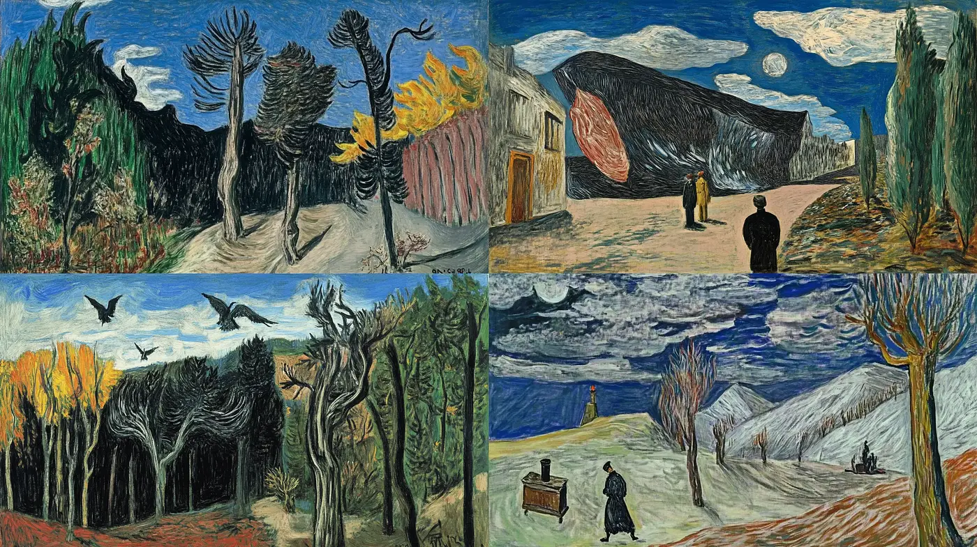 Dynamic Expressionist Landscapes with Vivid Textures and Bold Strokes - Midjourney sref style