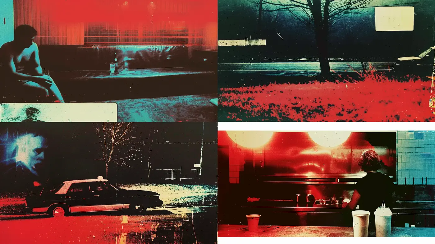 Crimson Narrative: A Study in Suspenseful Tones and Contrast - Midjourney sref style