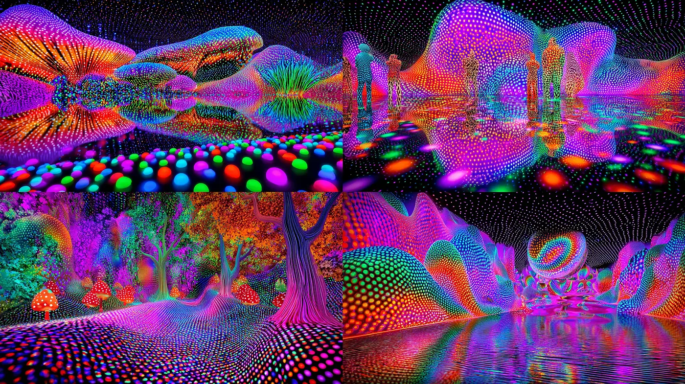Vibrant psychedelic landscapes with dreamlike qualities - Midjourney sref style