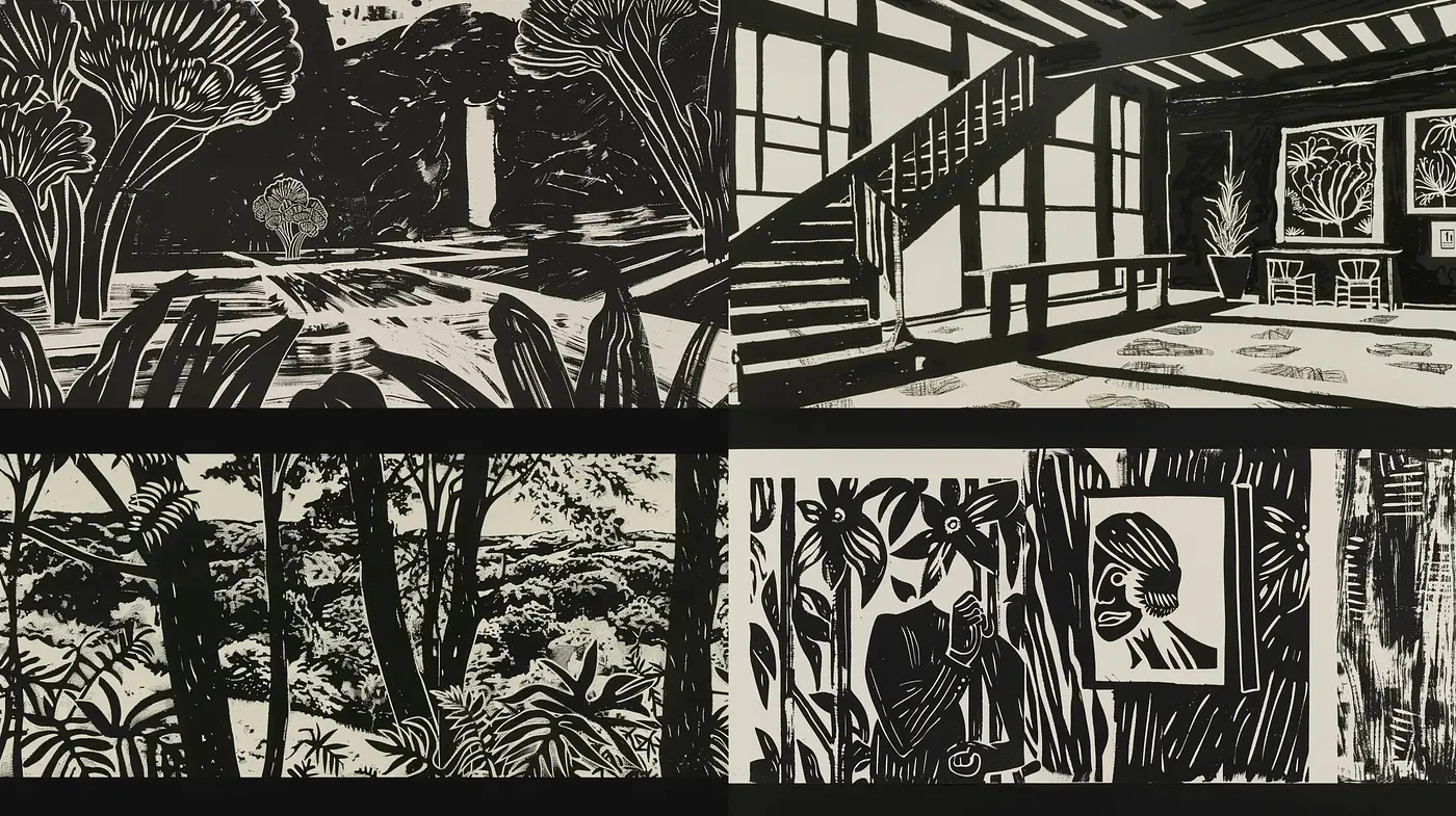 Monochromatic Expressionism with Dramatic Contrast in Woodcut Texture - Midjourney sref style