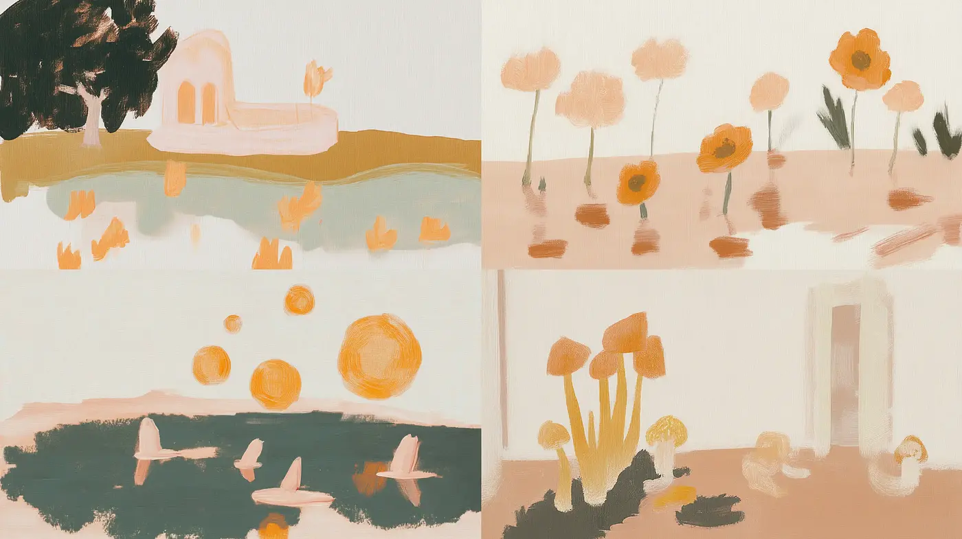 Warm Pastel Serenity: A Consistent Exercise in Soothing Tones and Simplified Forms - Midjourney sref style