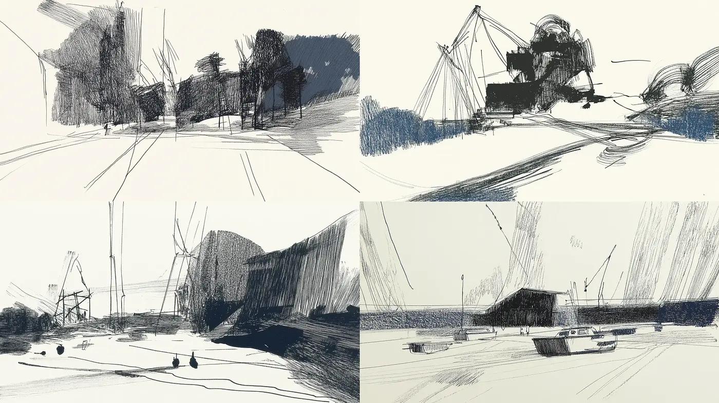 Monochromatic Sketched Landscapes: A Study in Strokes and Shadows - Midjourney sref style
