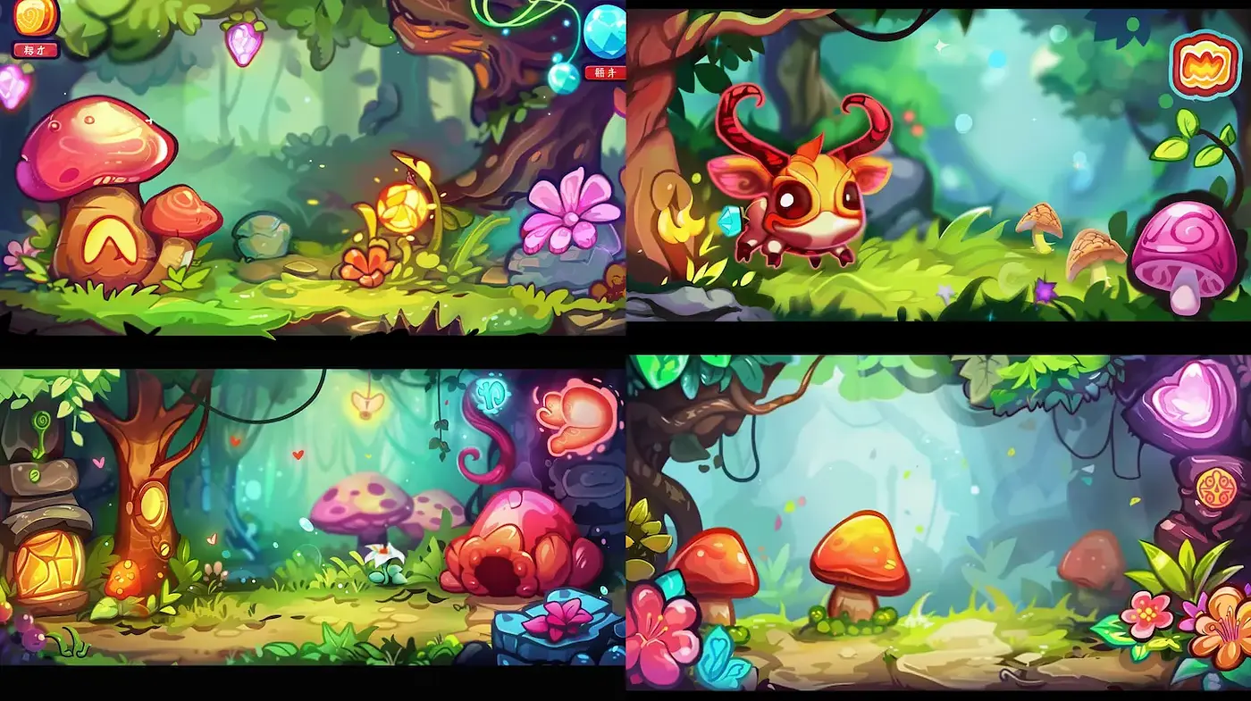 Whimsical Enchanted Forest with Playful Elements and Vivid Colors - Midjourney sref style