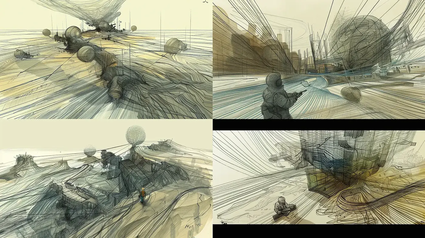Futuristic Conceptual Landscapes with Ethereal Atmosphere and Dynamic Lines - Midjourney sref style