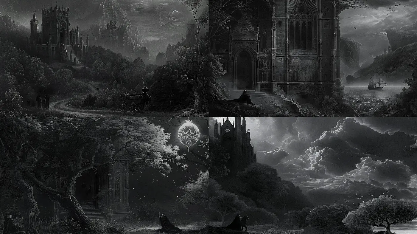 Gothic Monochromatic Dreamscape: Ethereal Journey Through Timeless Shadows - Midjourney sref style
