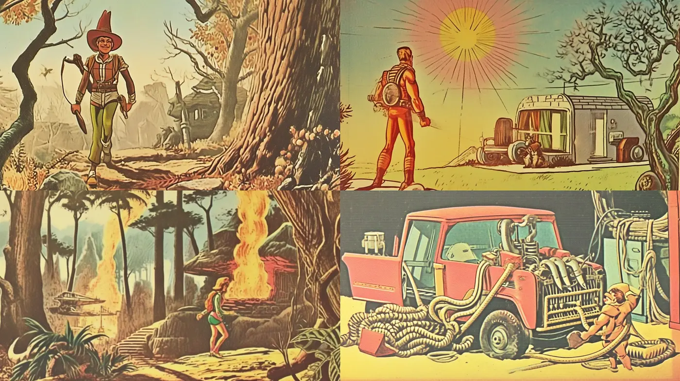 Warm Vintage Tales: A Nostalgic Journey Through Stylized Retro Illustrations - Midjourney sref style