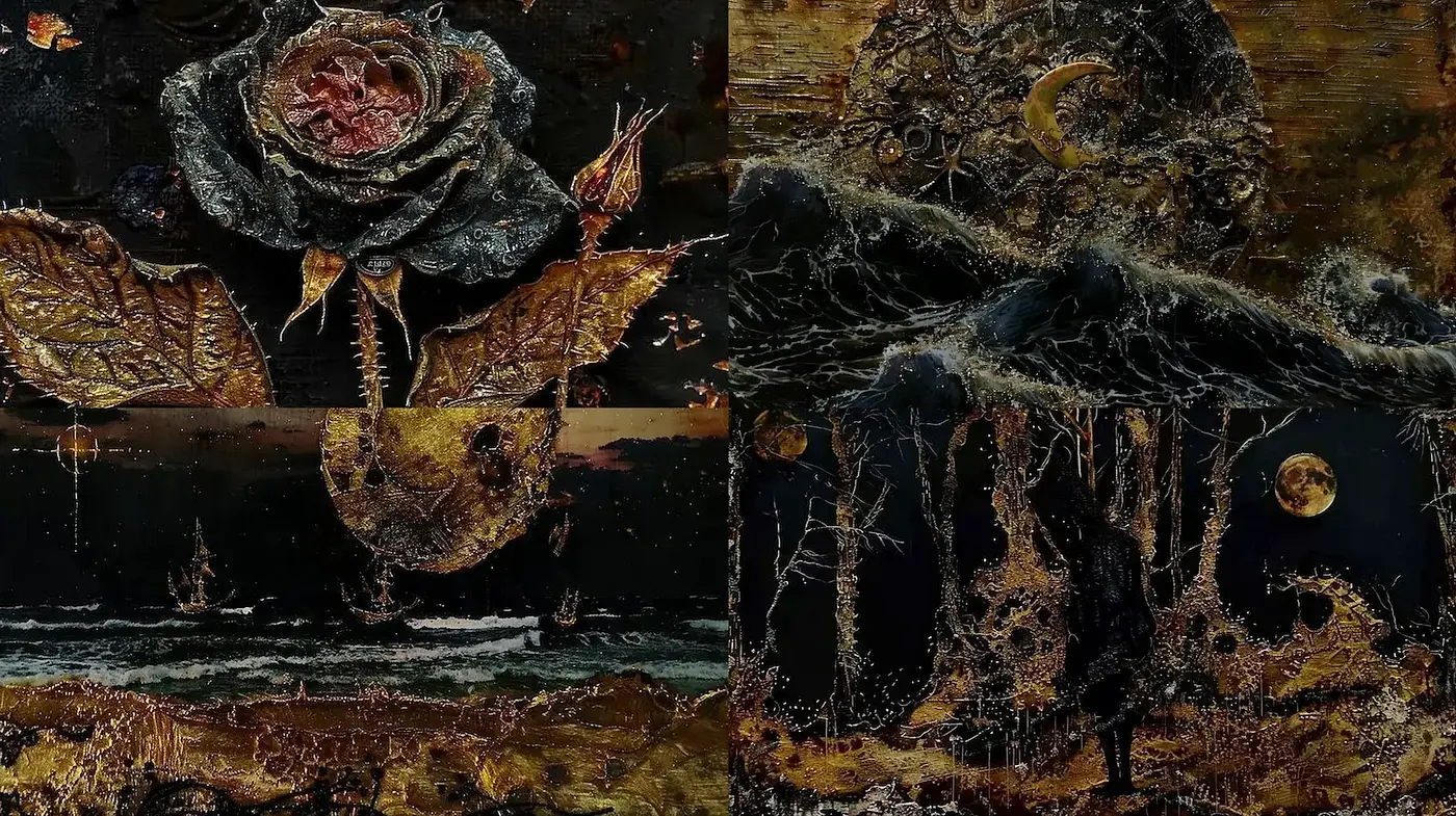 Ethereal Decay: A Study in Textured Darkness and Gold Illumination - Midjourney sref style