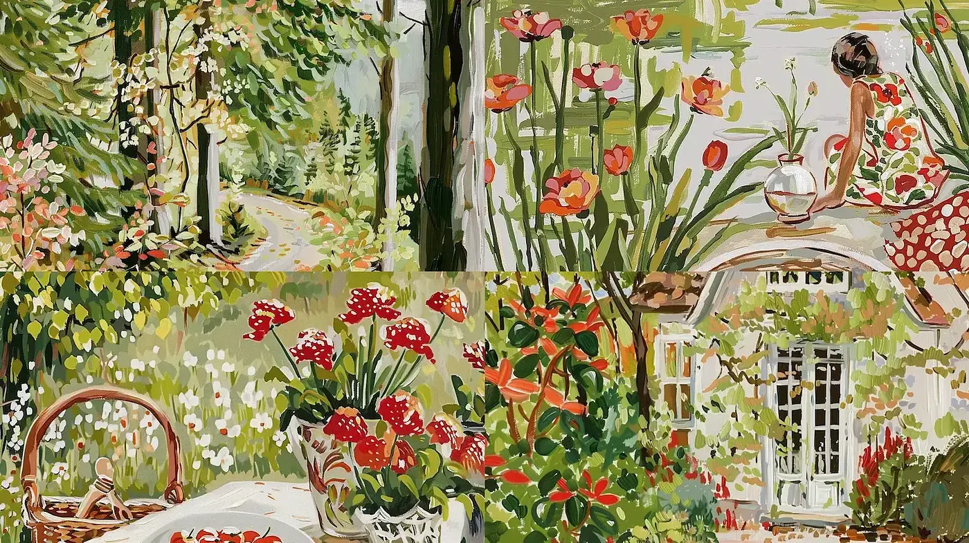 Distinctive Impressionistic Floral Landscape Aesthetic with Wild Garden Elements - Midjourney sref style