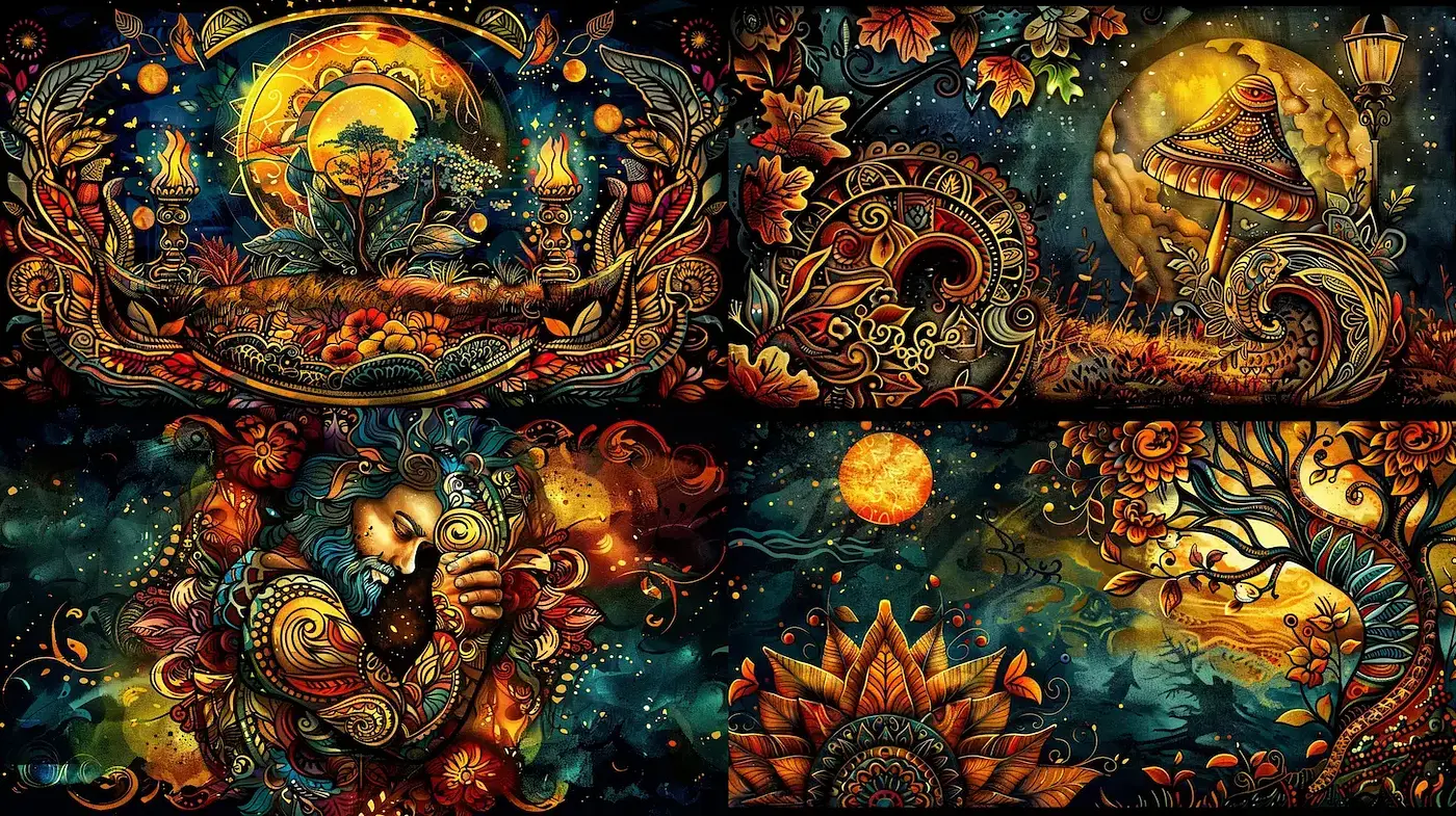 Vibrant and intricate illustrations with mythological elements - Midjourney sref style