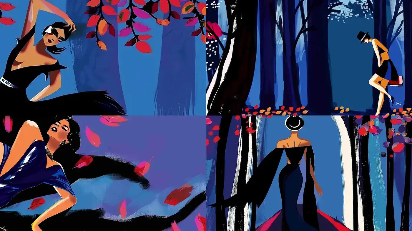 Elegant Nocturne: A Fusion of Art Deco and Expressionism with a Contemporary Twist - Midjourney sref style