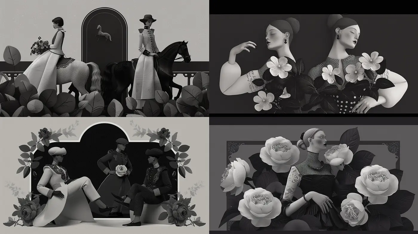 Monochromatic Elegance with Textured Florals and Vintage Flair - Midjourney sref style