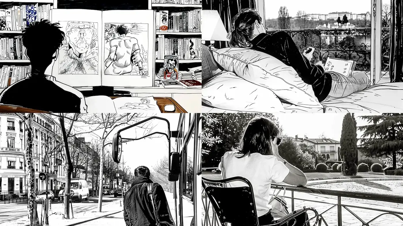 Monochromatic Sketchbook Narratives - Midjourney sref style