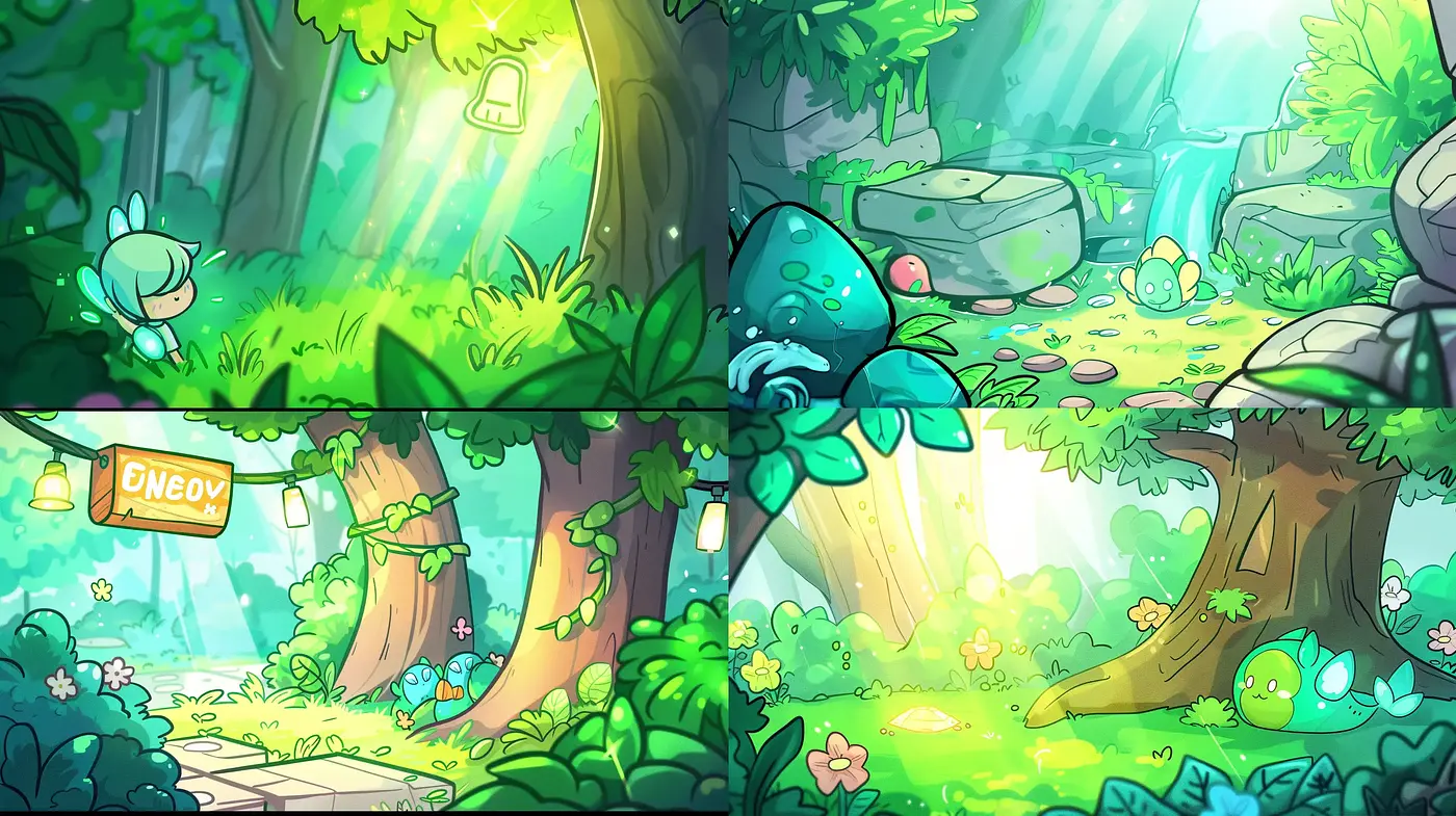 Enchanted Forest Whimsy: A Vibrant Fusion of Cartoon and Impressionist Realms - Midjourney sref style