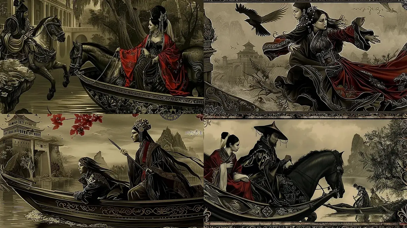 Elegant Narrative Scenes with Intricate Characters and Atmospheric Depth - Midjourney sref style