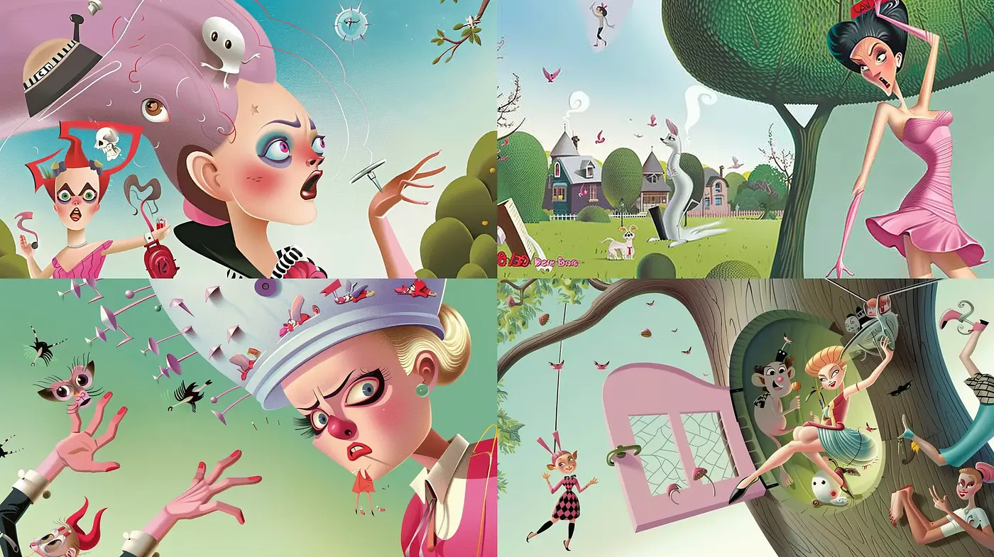 Whimsical Melancholic Visions with a Surrealistic Cartoon Flair - Midjourney sref style