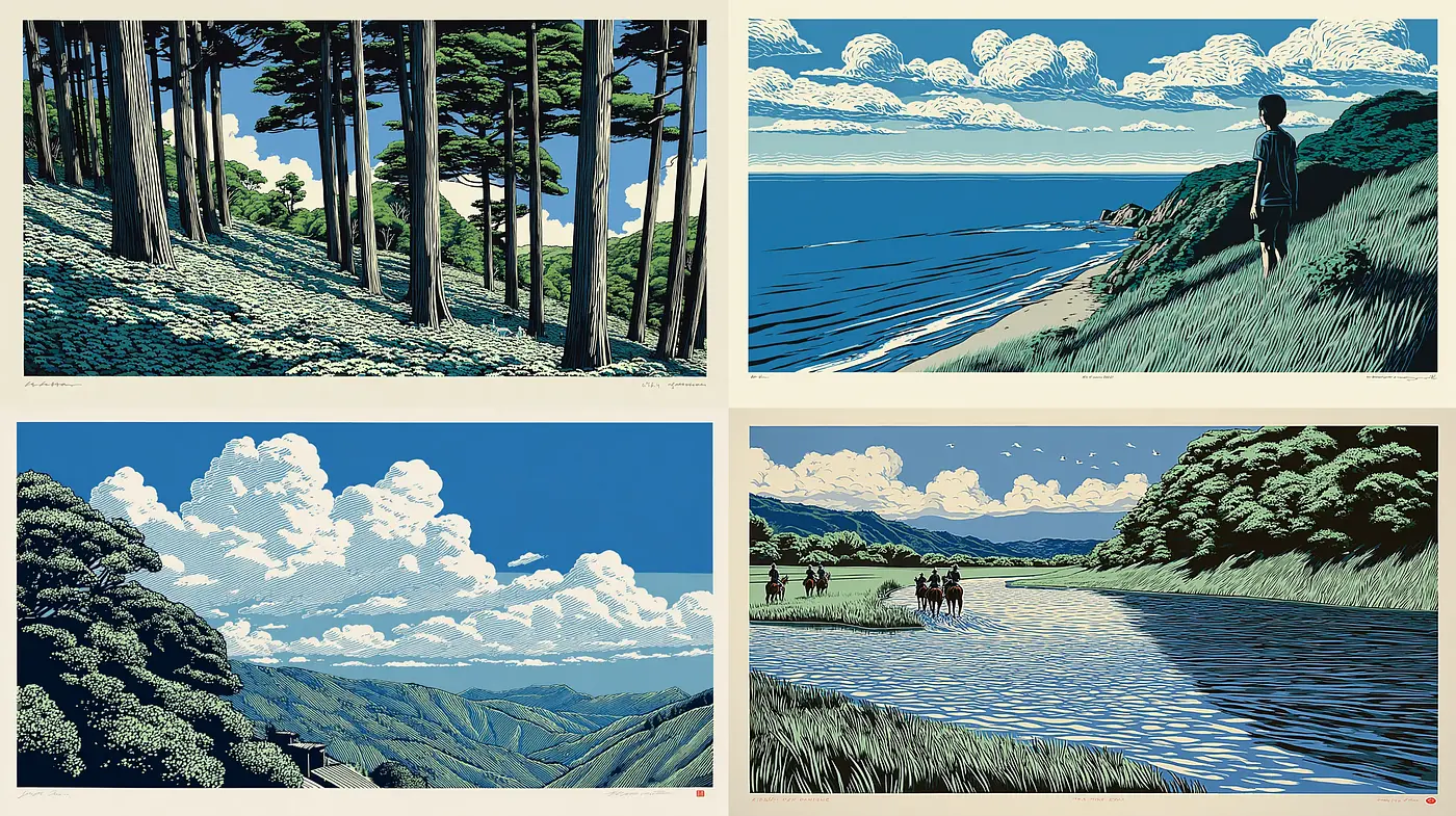 A Harmonious Blend of Natural Landscapes with Bold Illustrative Techniques - Midjourney sref style