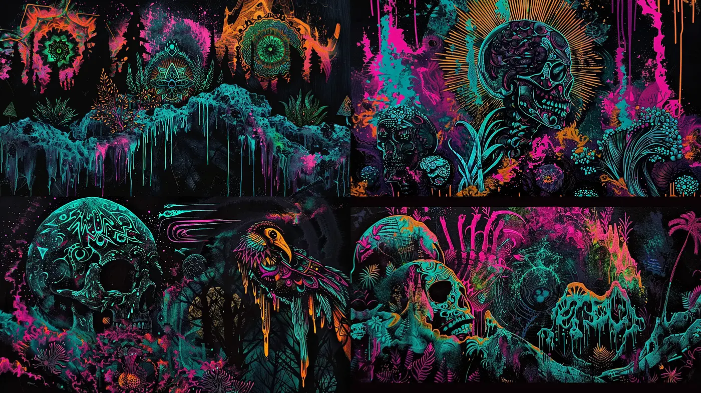 Psychedelic Neon Jungle: A Vivid Fusion of Wildlife and Skull Motifs - Midjourney sref style