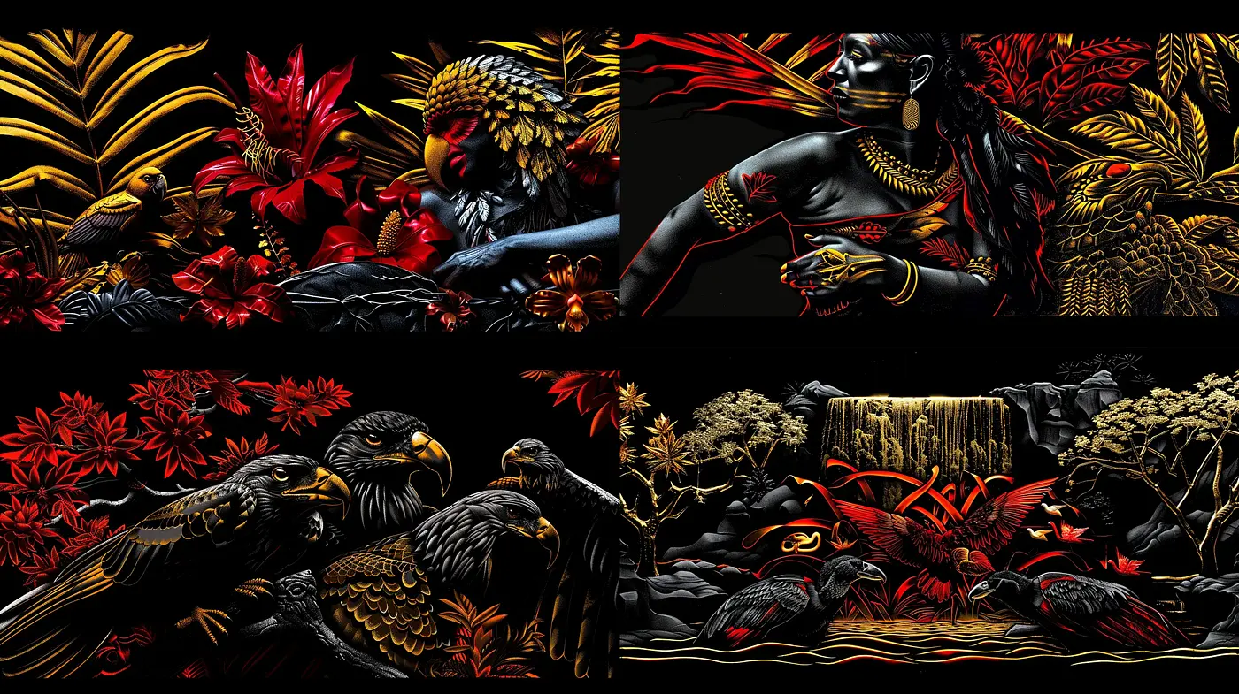 Opulent Nocturnal Tableau with Gold and Crimson Accents - Midjourney sref style
