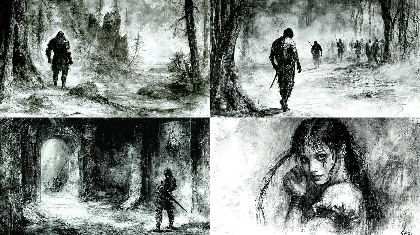 Ethereal Monochromatic Visions: A Study in Charcoal and Shadow - Midjourney sref style