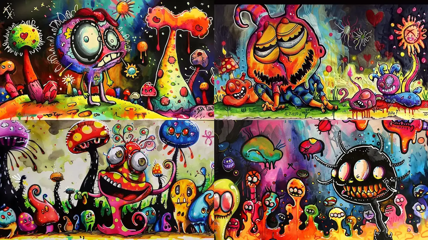 Whimsical Illustrations with Vibrant Colors and Playful Characters - Midjourney sref style