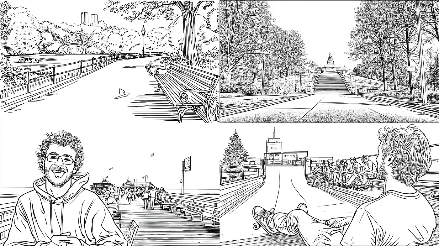 Detailed monochromatic sketches conveying a serene urban atmosphere with rich textures - Midjourney sref style