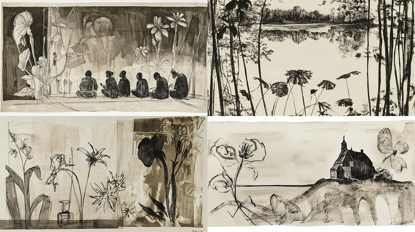 Monochromatic botanical and figurative exploration with a serene ambiance - Midjourney sref style