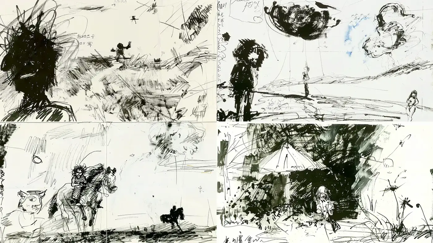 Dynamic Ink Illustrations with a Surreal Touch - Midjourney sref style