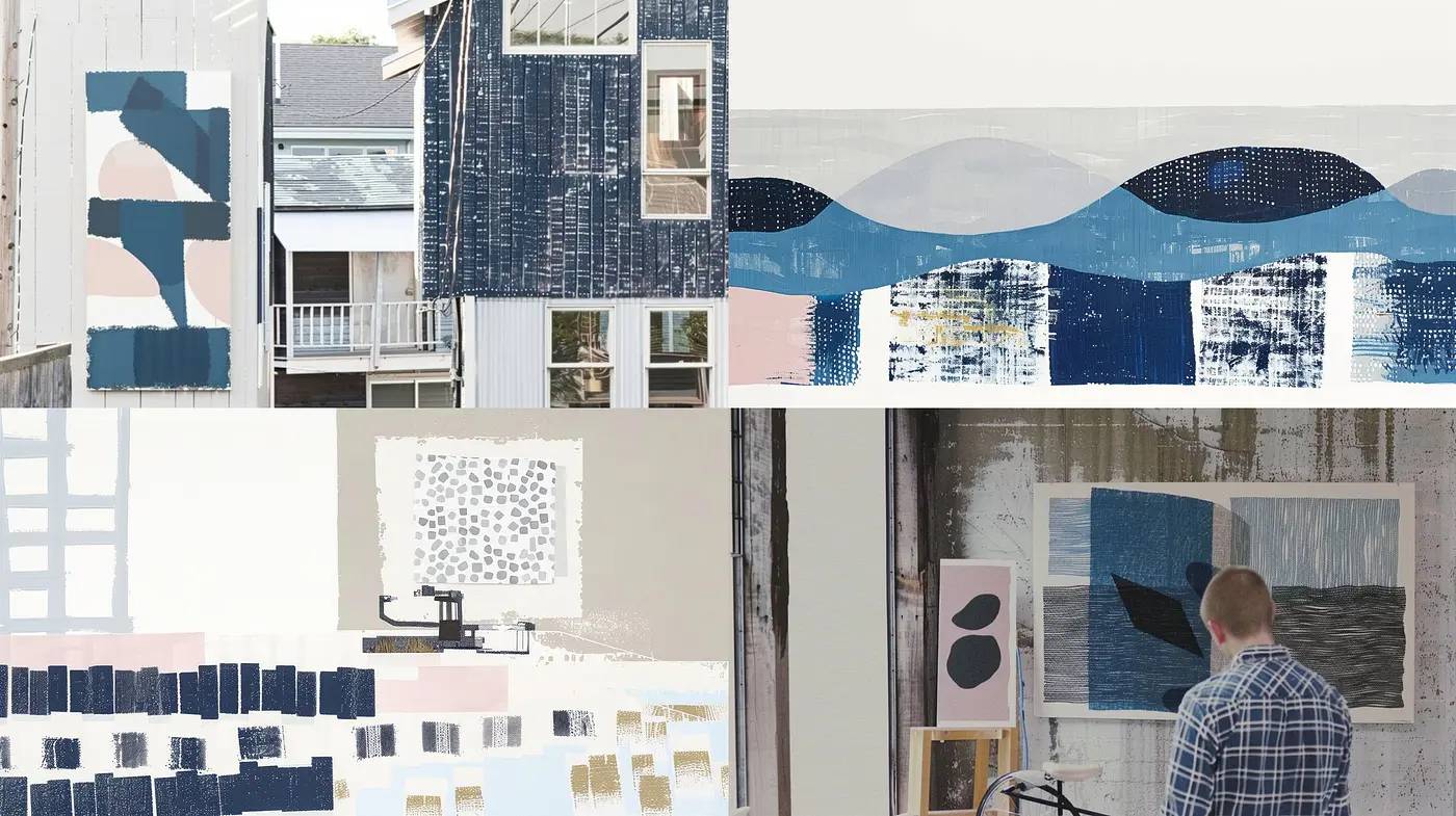 Cohesive Abstract Textural Exploration in Muted Blue and Ochre - Midjourney sref style