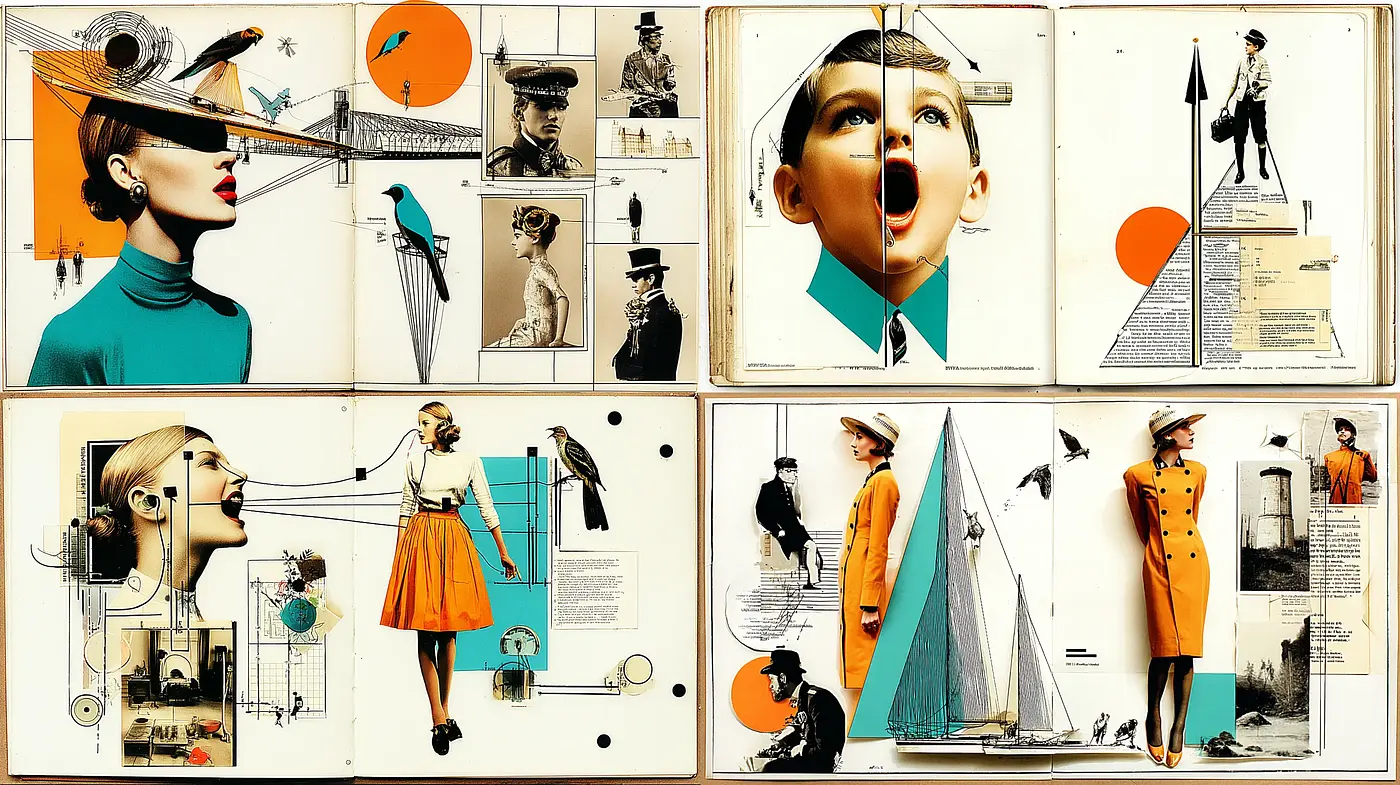 Dynamic and Modern Collage Inspired by Mid-20th Century Aesthetics - Midjourney sref style